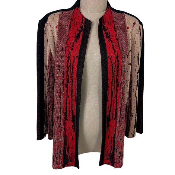 Ming Wang Sweaters - Ming Wang Knit Blazer Cardigan Open Front Abstract Print‎ Red Black XL